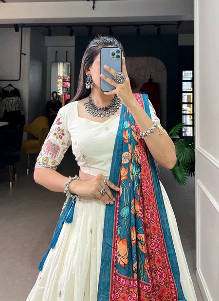 LNB1601PCK Khadi Cotton With Sequins And Thread Embroidery Work Lehenga With Blouse Dupatta Suppliers In India